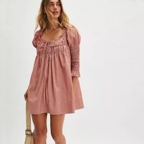 Free People Babydoll Mini Dress XS | Puff Sleeve Peasant Print - Picture 3 of 8